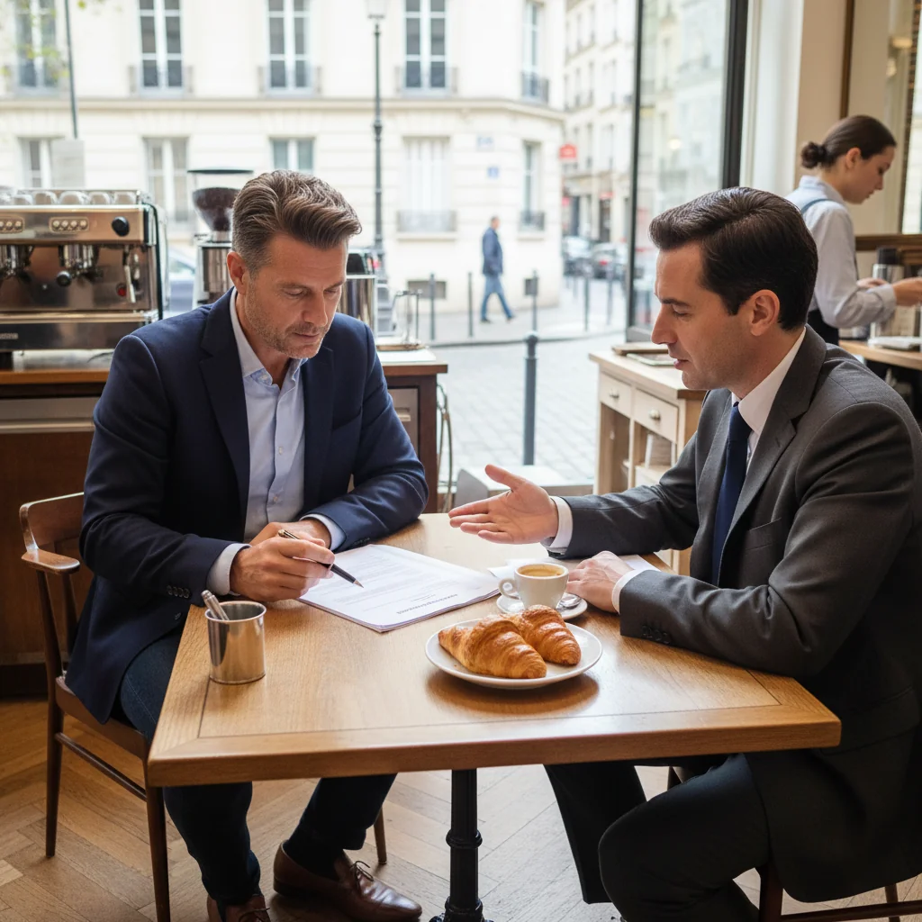 A photorealistic image of a professional business owner in a modern French commercial space, such as a stylish cafe or boutique in Paris, reviewing a lease renewal agreement with a lawyer at a wooden desk, surrounded by elements like a coffee machine, fresh pastries, and large windows showing a bustling street outside, symbolizing the continuation and renewal of a commercial lease in France, with warm natural lighting and a sense of optimism and stability.