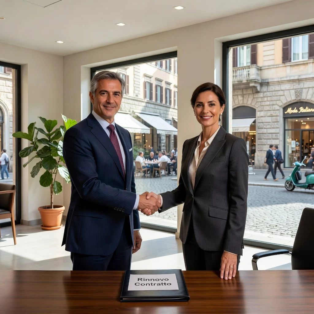 A photorealistic image of a professional business meeting in a modern Italian commercial space, such as a stylish office or retail storefront, where adults are shaking hands over a lease agreement, symbolizing the renewal of a commercial rental contract. The scene conveys trust, business partnership, and urban Italian atmosphere with elements like espresso cups and city views in the background. No children are present in the image.