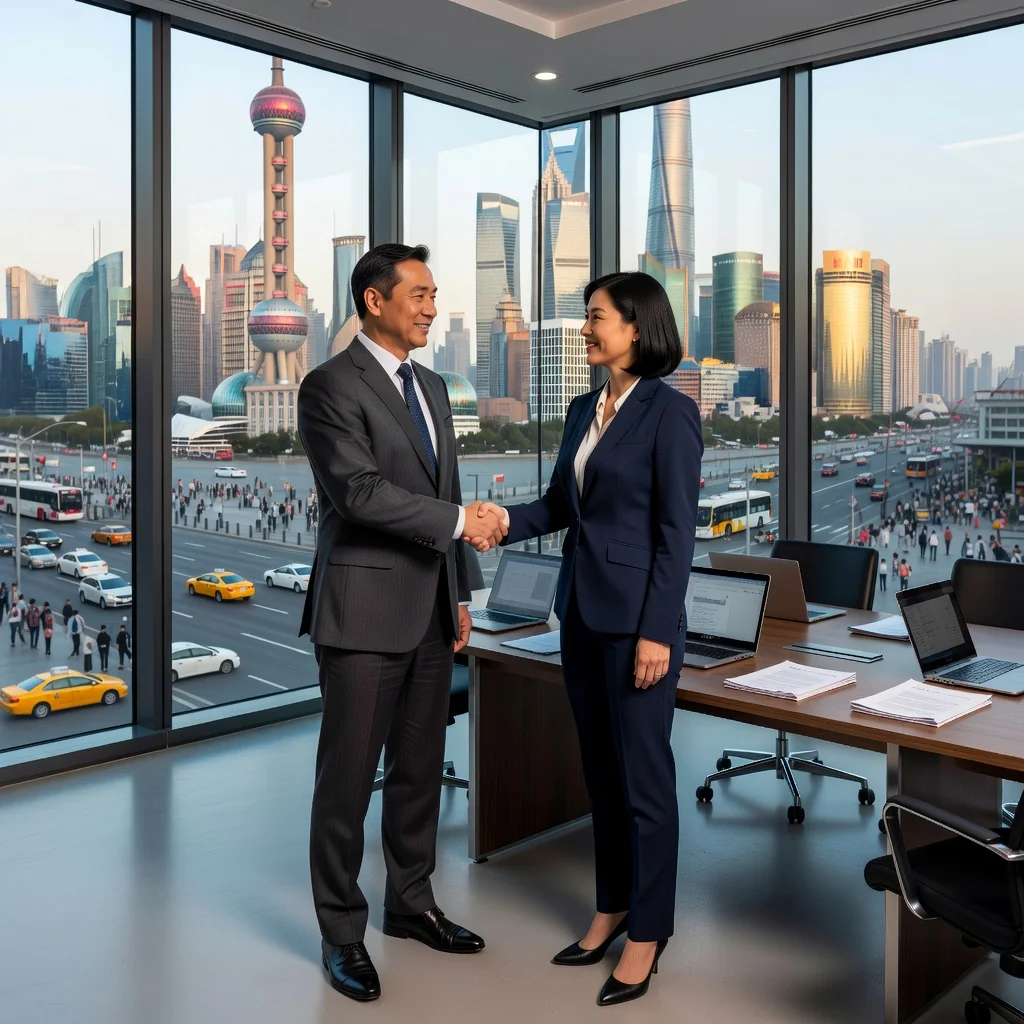 A professional business scene in China depicting the renewal of a commercial lease agreement, showing two middle-aged Asian business professionals in a modern office building shaking hands over a city skyline view, symbolizing successful lease extension without focusing on documents.