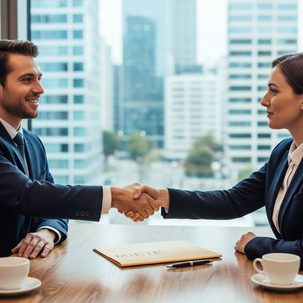 A photorealistic image of a professional adult shaking hands with a real estate agent in a modern office, symbolizing the agreement and commitment of a rental intent declaration. The scene conveys trust, partnership, and the start of a tenancy process, with subtle background elements like a lease agreement folder on a desk, but no visible text or documents. No children are present.