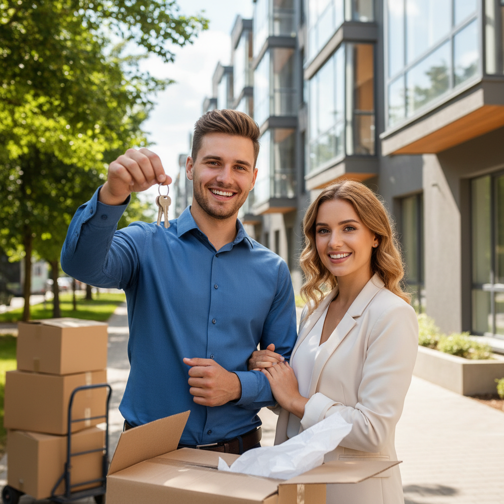 A photorealistic image of a young adult professional couple standing outside a modern apartment building, looking excited and hopeful as they prepare to sign a lease agreement, symbolizing the anticipation and care involved in renting a home. The scene captures the essence of moving into a new rental space without focusing on any documents.