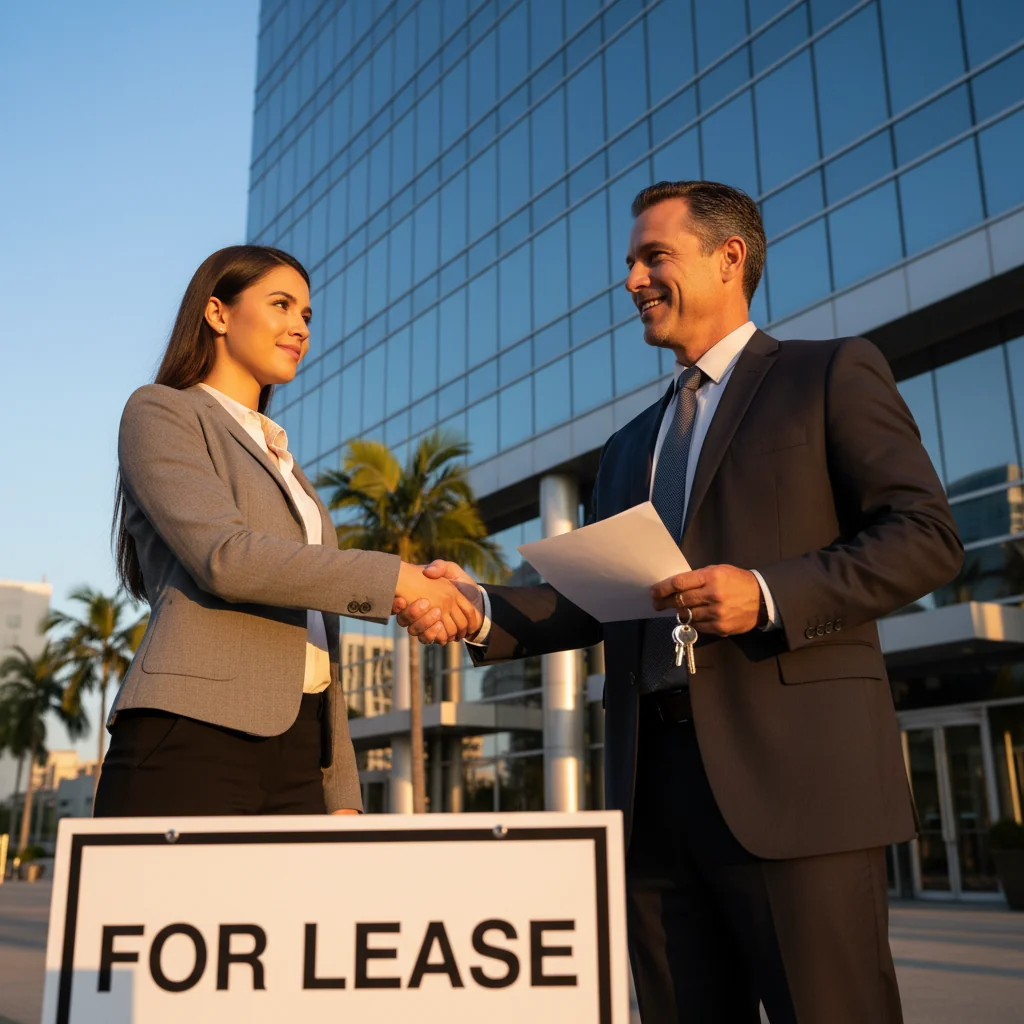 A professional handshake between a tenant and a landlord in front of a modern commercial building, symbolizing the agreement and start of a leasing process, with subtle elements like keys or a building sign in the background to evoke real estate leasing without focusing on documents.
