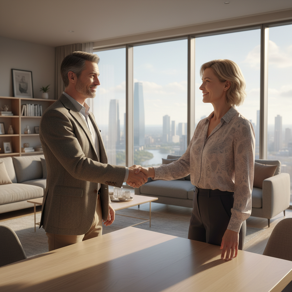 A photorealistic image of two adults, a landlord and a tenant, shaking hands in a modern apartment setting, symbolizing the agreement in a rental contract, with a subtle background of a leased property interior, conveying trust and mutual understanding in real estate leasing.