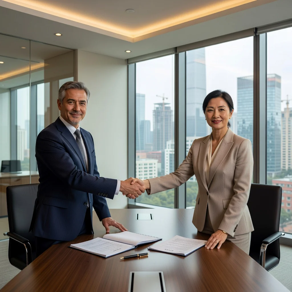 A photorealistic image representing the concept of leasing agreements in China, showing two professional adults, a businessperson and a property manager, shaking hands in a modern office setting with subtle Chinese architectural elements in the background, symbolizing trust and partnership in a lease intention without focusing on documents.