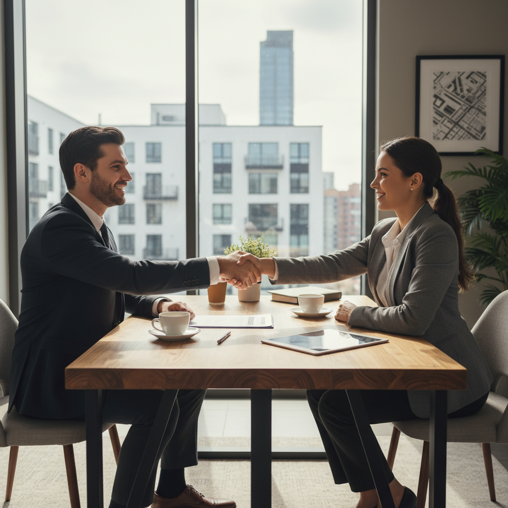 A photorealistic image of a professional adult shaking hands with a landlord in a modern office, symbolizing the agreement and intent for a rental lease, with a subtle background of an apartment building visible through a window, conveying trust and successful negotiation without showing any legal documents.