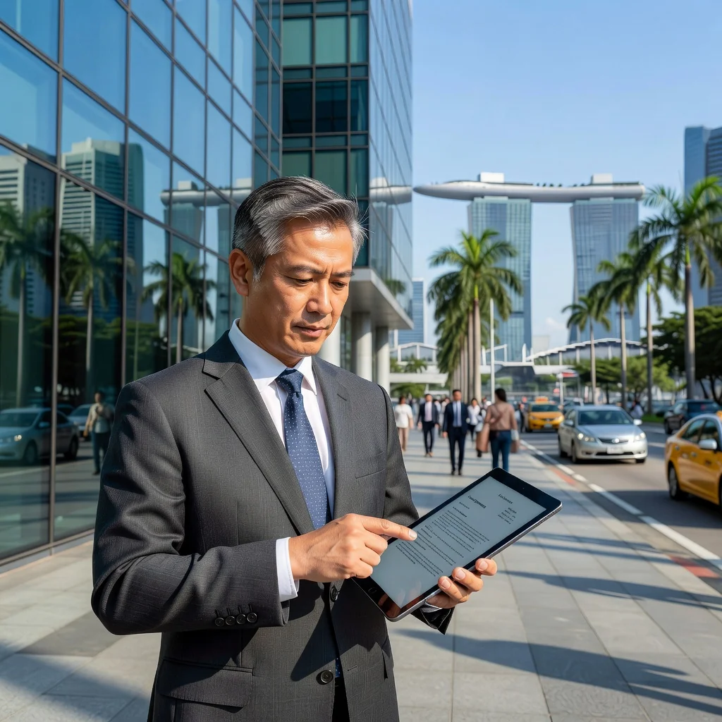 A photorealistic image of a professional businessperson standing outside a modern commercial building in Singapore, looking at a lease agreement on a tablet, symbolizing the intent to lease space, with urban skyline in the background, no children present.