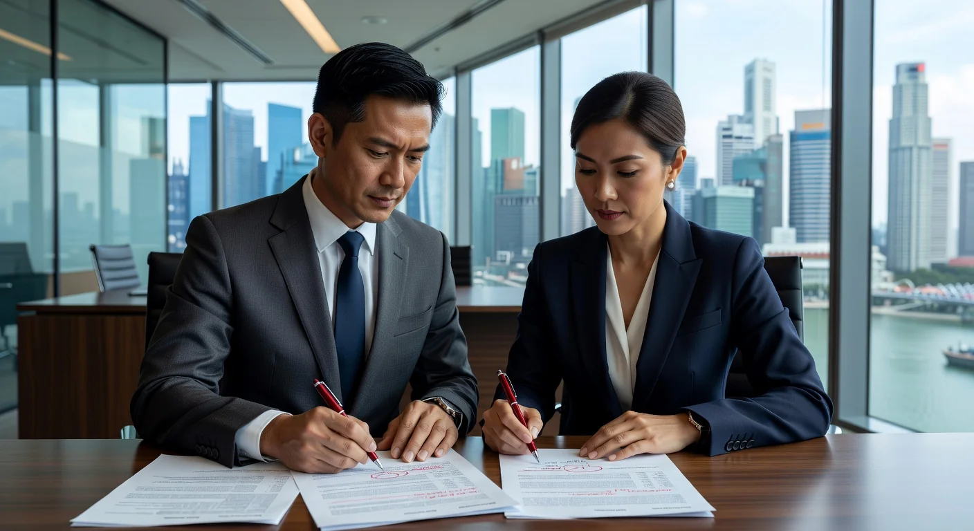 Business professionals reviewing lease contract