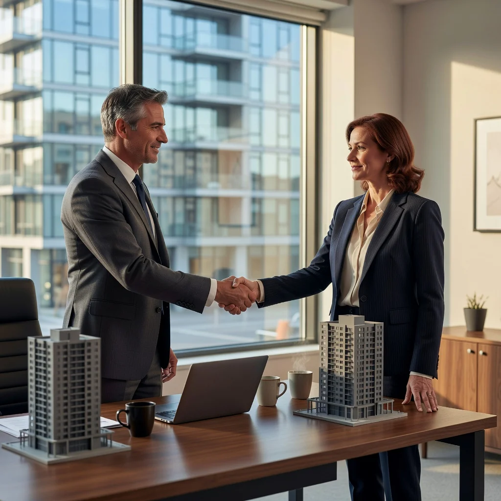 A photorealistic image of two adults shaking hands over a table in a modern real estate office, with a blurred view of an apartment building through the window in the background, symbolizing the agreement and purpose of drafting a lease letter of intent.