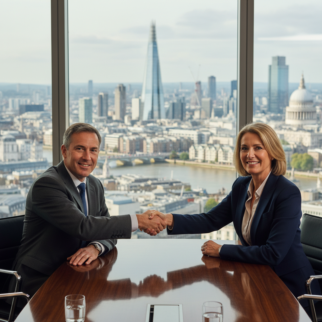 A photorealistic image of two professional adults, a landlord and a tenant, shaking hands in a modern office overlooking a city skyline in England, symbolizing agreement on a property lease, with subtle background elements like a cityscape view of urban buildings in England and Wales, conveying trust and negotiation without showing any documents.