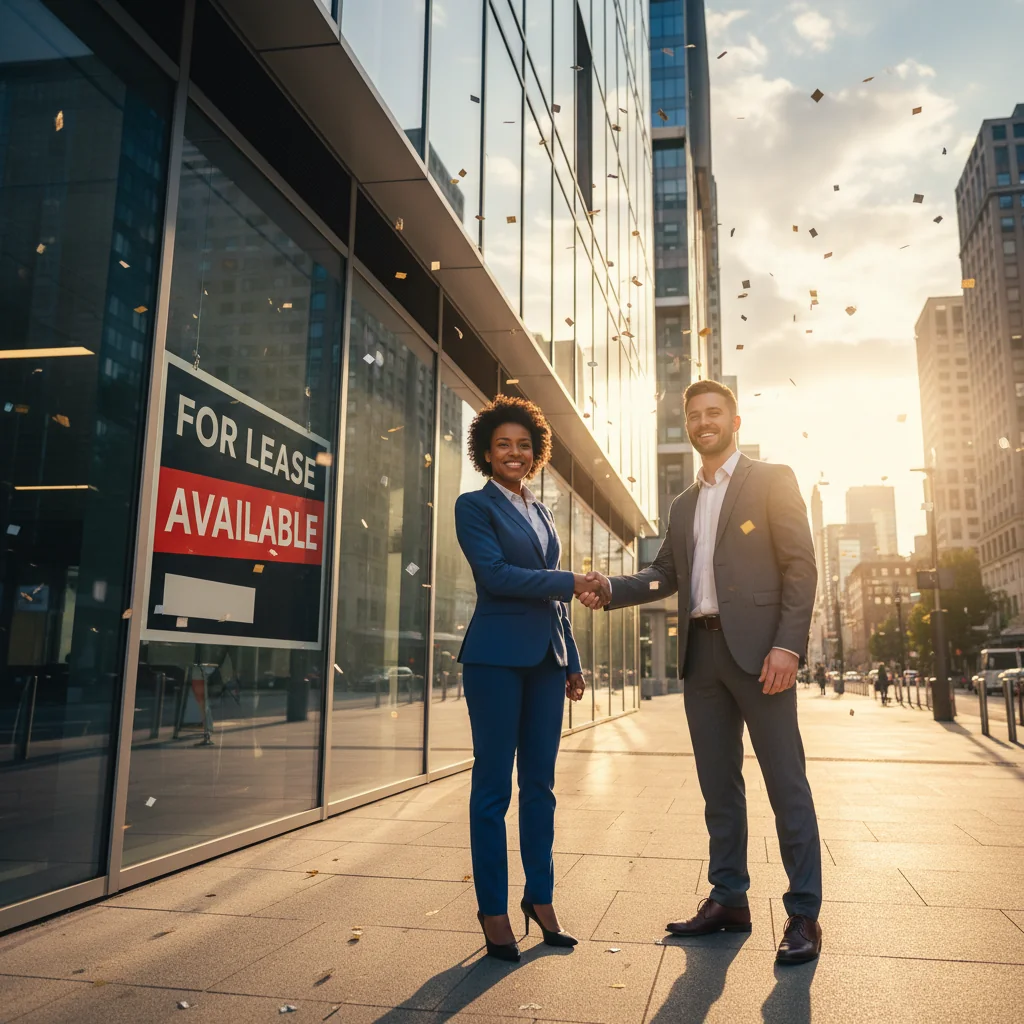 A professional scene depicting the excitement of securing a new commercial lease in the US, showing a young entrepreneur shaking hands with a real estate agent in front of a modern office building, symbolizing agreement and opportunity without focusing on paperwork.