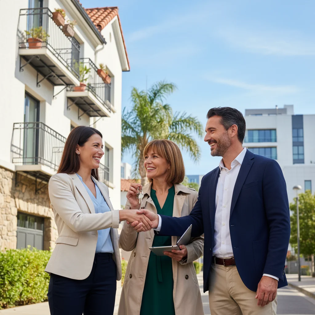A photorealistic image of a professional adult couple in their 30s standing outside a modern Spanish apartment building in a sunny urban neighborhood, smiling and shaking hands with a real estate agent holding keys, symbolizing the excitement of securing a rental agreement in Spain. The scene captures the essence of starting a new chapter in renting a home, with warm sunlight and typical Spanish architecture in the background. No children are present in the image.