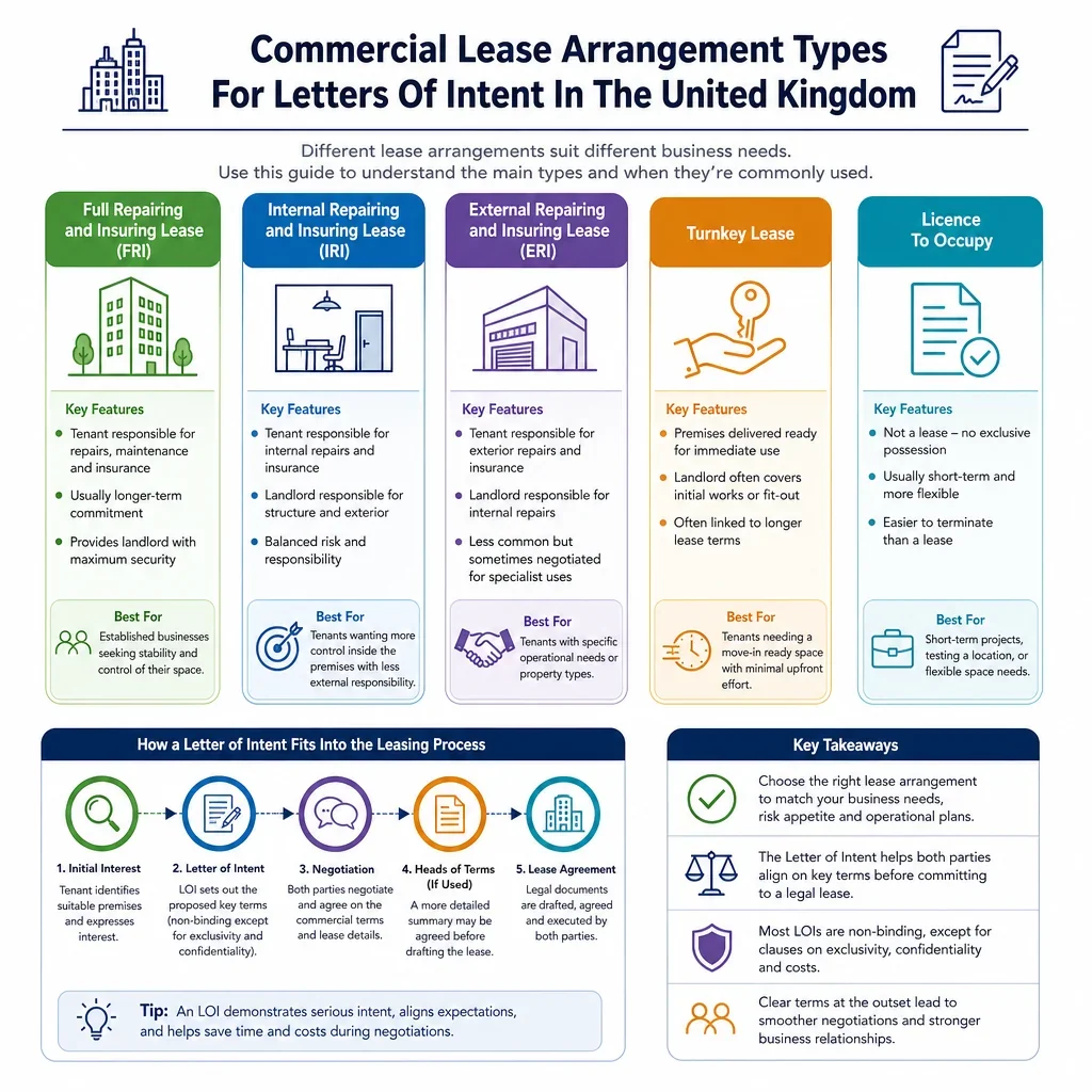 Commercial lease arrangement types for letters of intent