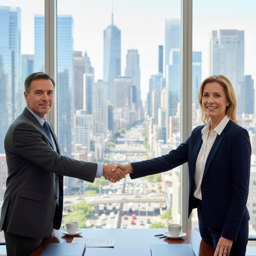 A photorealistic image of two professional adults shaking hands in a modern office setting, with a blurred view of a city skyline through large windows in the background, symbolizing a successful rental agreement for commercial space.