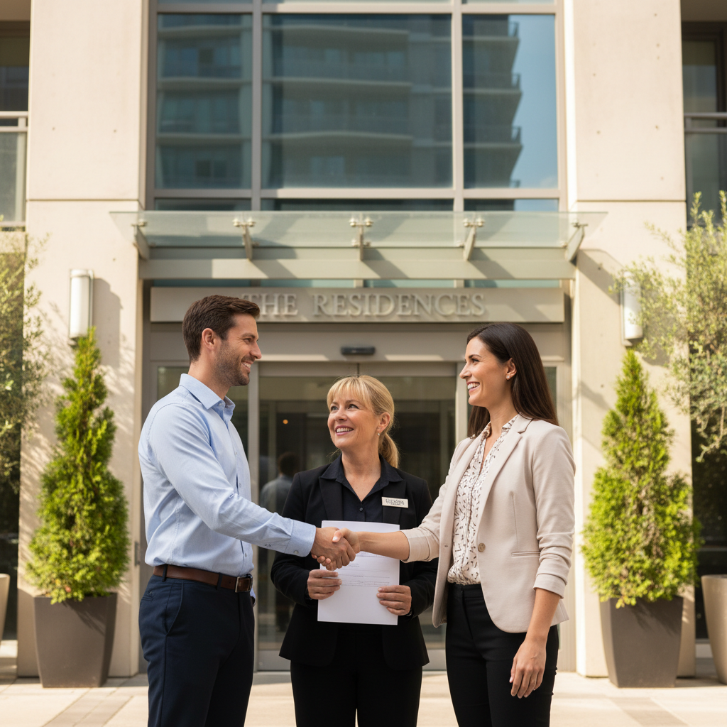 A photorealistic image of a smiling adult couple shaking hands with a real estate agent in front of a modern apartment building, symbolizing the commitment to renting a property. The scene conveys trust, agreement, and excitement about starting a new home, with no legal documents visible. No children are present.