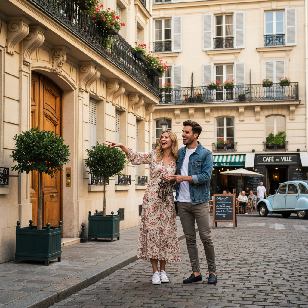 A photorealistic image of a young adult couple standing in front of a charming French apartment building in a quaint urban neighborhood, looking excited and hopeful as they prepare to rent their first home, with subtle French architectural elements like balconies and cobblestone streets in the background, conveying the anticipation of starting a new chapter in life through renting in France.