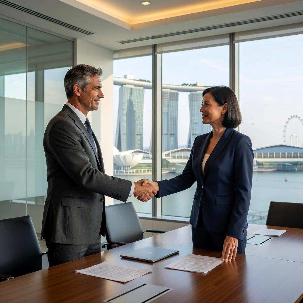 A professional business meeting in a modern Singapore office, with adults shaking hands over a lease agreement discussion, overlooking the city skyline including Marina Bay Sands, symbolizing commercial property leasing.