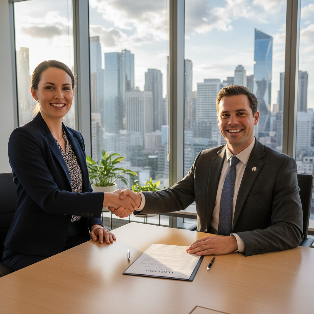 A photorealistic image depicting a professional adult signing a lease agreement in a modern real estate office, with a real estate agent present, symbolizing the intent to rent a property. The scene captures the excitement of securing a new home, with no children visible.