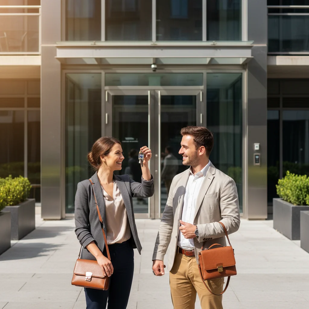 A photorealistic image of a young adult professional couple standing in front of an empty modern apartment building, smiling confidently as they hold a set of keys, symbolizing the excitement and careful preparation involved in signing a lease intention letter for renting a home, with no children or documents visible in the scene.
