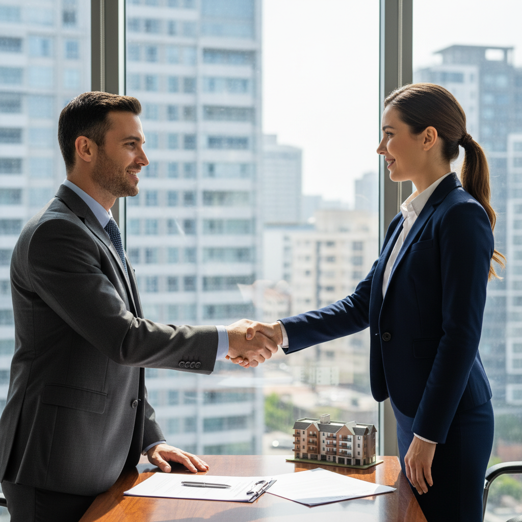 A photorealistic image depicting a professional adult landlord and tenant shaking hands in a modern office setting, symbolizing the agreement and mutual obligations in a lease intention letter, with a subtle background of a city apartment building exterior visible through a window.