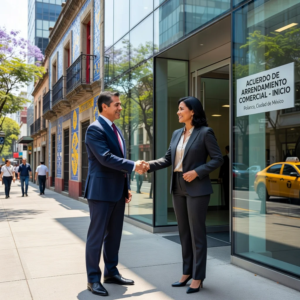 A photorealistic image of a professional adult Mexican businessperson standing confidently in front of a modern commercial building, shaking hands with another adult professional, symbolizing the agreement and intent in a Mexican lease contract. The scene is set in an urban Mexican cityscape during daytime, with no children present.
