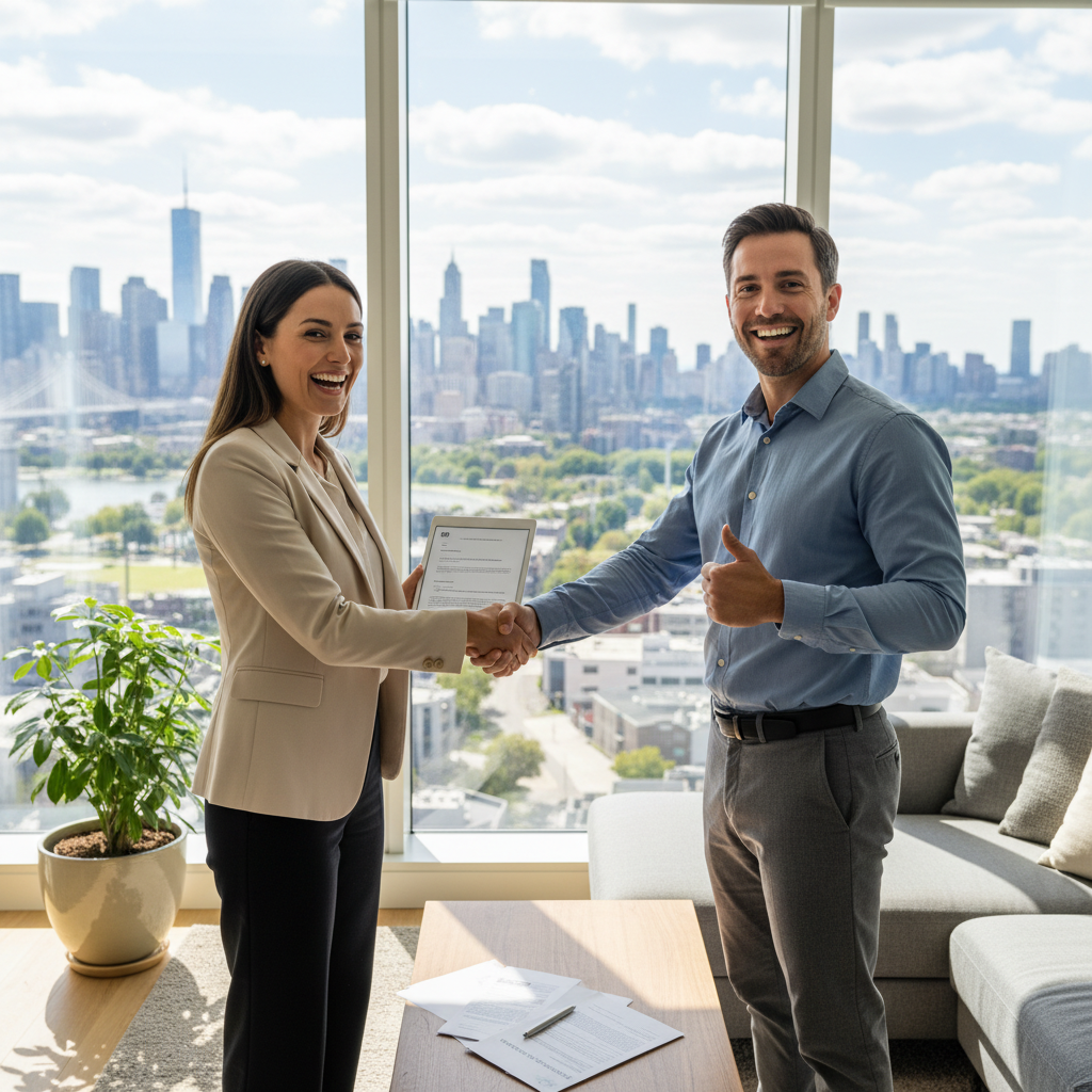 A photorealistic image of a professional adult couple in their mid-30s, standing happily in a modern, well-lit apartment they are about to rent, shaking hands with a real estate agent, symbolizing the agreement and benefits of a letter of intent in a rental contract. The scene conveys security, trust, and positive future prospects without showing any legal documents.