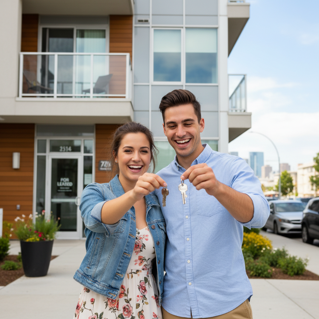 A photorealistic image of a young adult couple standing in front of a modern apartment building, smiling confidently while holding a set of keys, symbolizing the successful rental of a new home through a clear intent declaration.