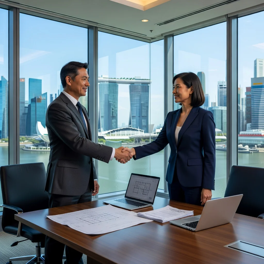 A photorealistic image of two professionals in business attire shaking hands in a modern Singapore office building with city skyline views, symbolizing a lease agreement commitment without showing any legal documents.