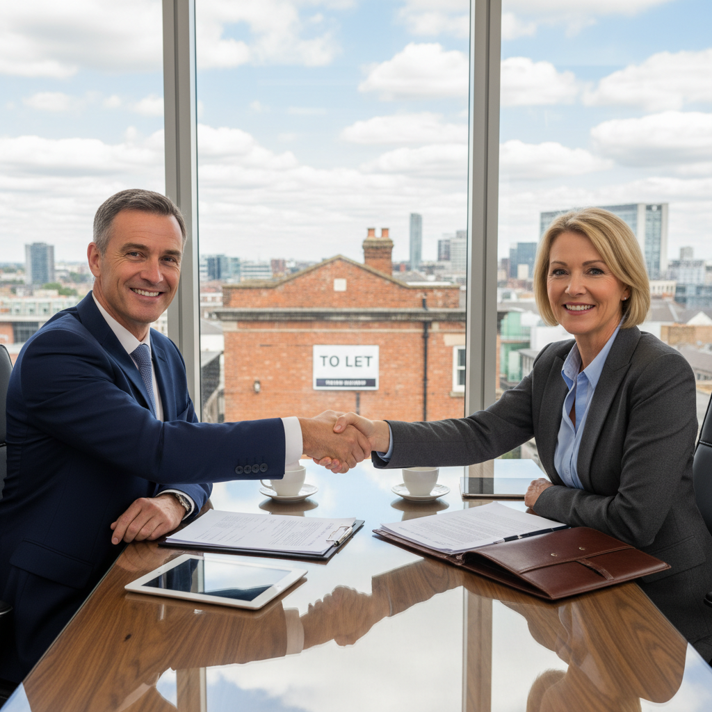 A photorealistic image of two professional adults, a business owner and a potential tenant, shaking hands in a modern UK commercial property office space, symbolizing agreement on a lease intent, with elements like a 'To Let' sign visible outside a window, conveying the purpose of negotiating a commercial lease in the UK.