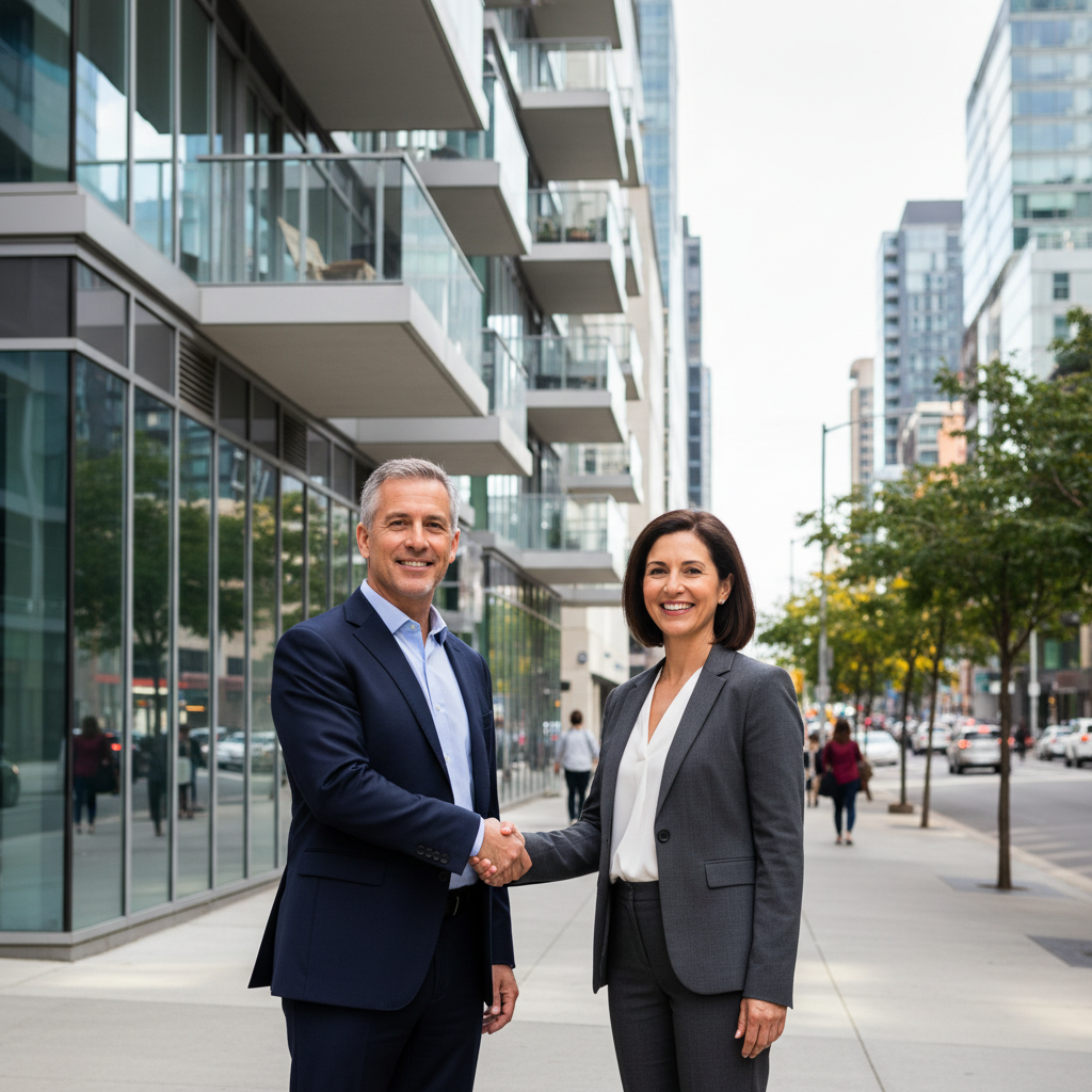 A photorealistic image depicting two adults shaking hands in a professional setting, with a modern office building and cityscape in the background, symbolizing the agreement and intent in a rental lease negotiation. No children are present in the image.