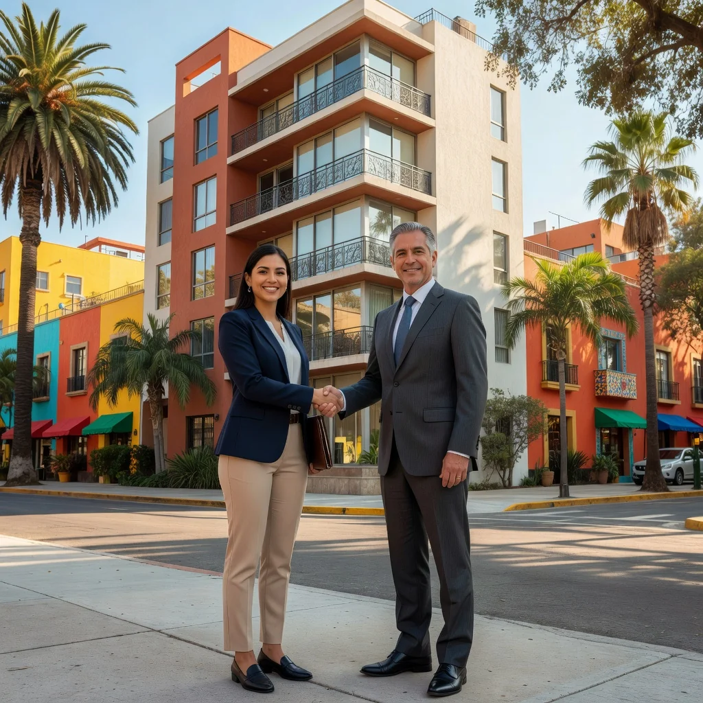 A photorealistic image of two adults, a young professional woman and a middle-aged man, shaking hands in front of a modern apartment building in an urban Mexican neighborhood, symbolizing the agreement for a rental lease. The scene is set during a sunny day with clear blue skies, palm trees in the background, and subtle Mexican architectural elements like colorful facades. No children are present in the image.