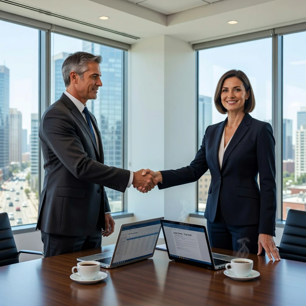 A photorealistic image of two professional adults shaking hands in a modern office space during a business meeting, symbolizing the agreement and intention in a leasing contract. The scene conveys trust, negotiation, and real estate partnership without showing any legal documents.