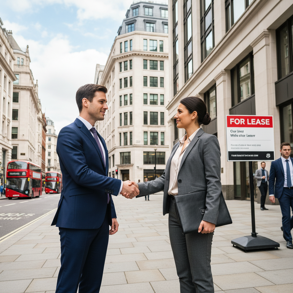 A professional scene in a modern commercial office building in the United Kingdom, showing a sharply dressed business professional shaking hands with a real estate agent in front of a 'For Lease' sign on a glass-fronted property, symbolizing the start of commercial property leasing negotiations. The atmosphere is confident and professional, with London skyline in the background.