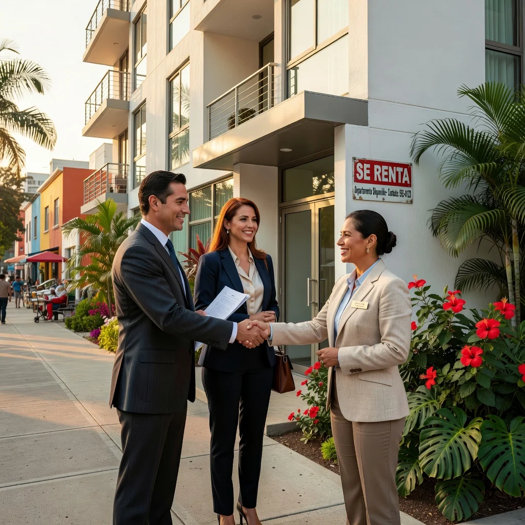 A photorealistic image of a professional adult couple shaking hands with a real estate agent in front of a modern apartment building in Mexico, symbolizing the agreement on a rental lease for property, with Mexican urban architecture in the background, conveying trust and commitment in real estate renting.