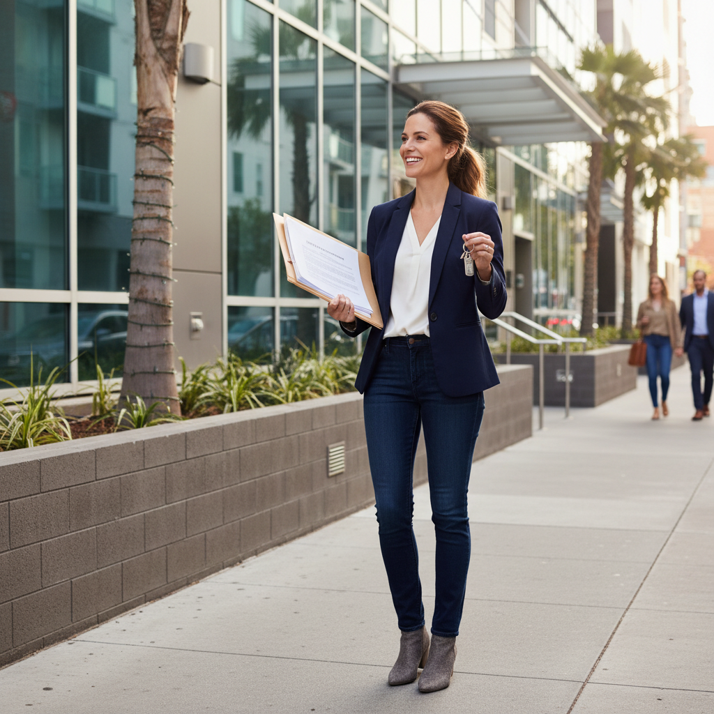 A photorealistic image of an adult professional woman in her 30s standing confidently in front of a modern apartment building, holding a set of keys in one hand and a rental application folder in the other, smiling with excitement as she prepares to move into her new home. The scene is set on a sunny day with the building's entrance visible in the background, emphasizing the theme of securing a rental property through a letter of intent.