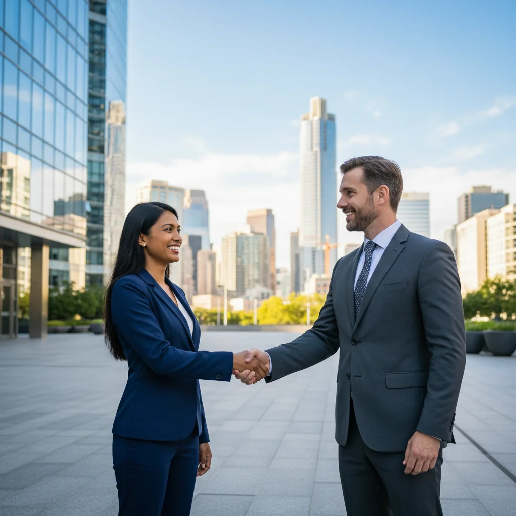 A professional business scene depicting a confident individual shaking hands with a real estate agent in front of a modern office building, symbolizing the successful negotiation and signing of a lease agreement without focusing on the document itself. The image should convey trust, opportunity, and real estate leasing in a vibrant urban setting.