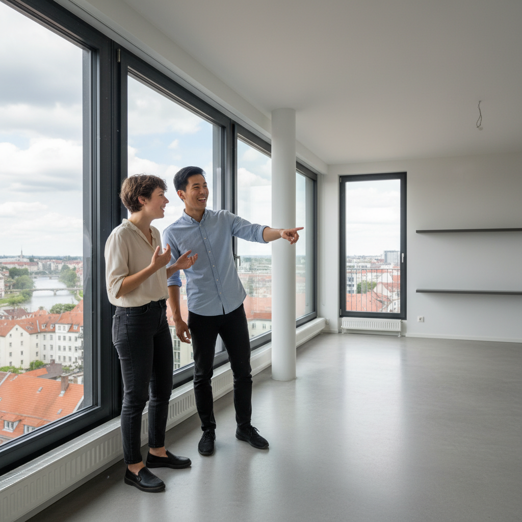 A photorealistic image of a young adult couple standing in a modern, empty apartment in Germany, looking excited and hopeful as they prepare to sign a rental agreement, with subtle German elements like a flag or architecture in the background, symbolizing the intent to rent without focusing on the document itself.