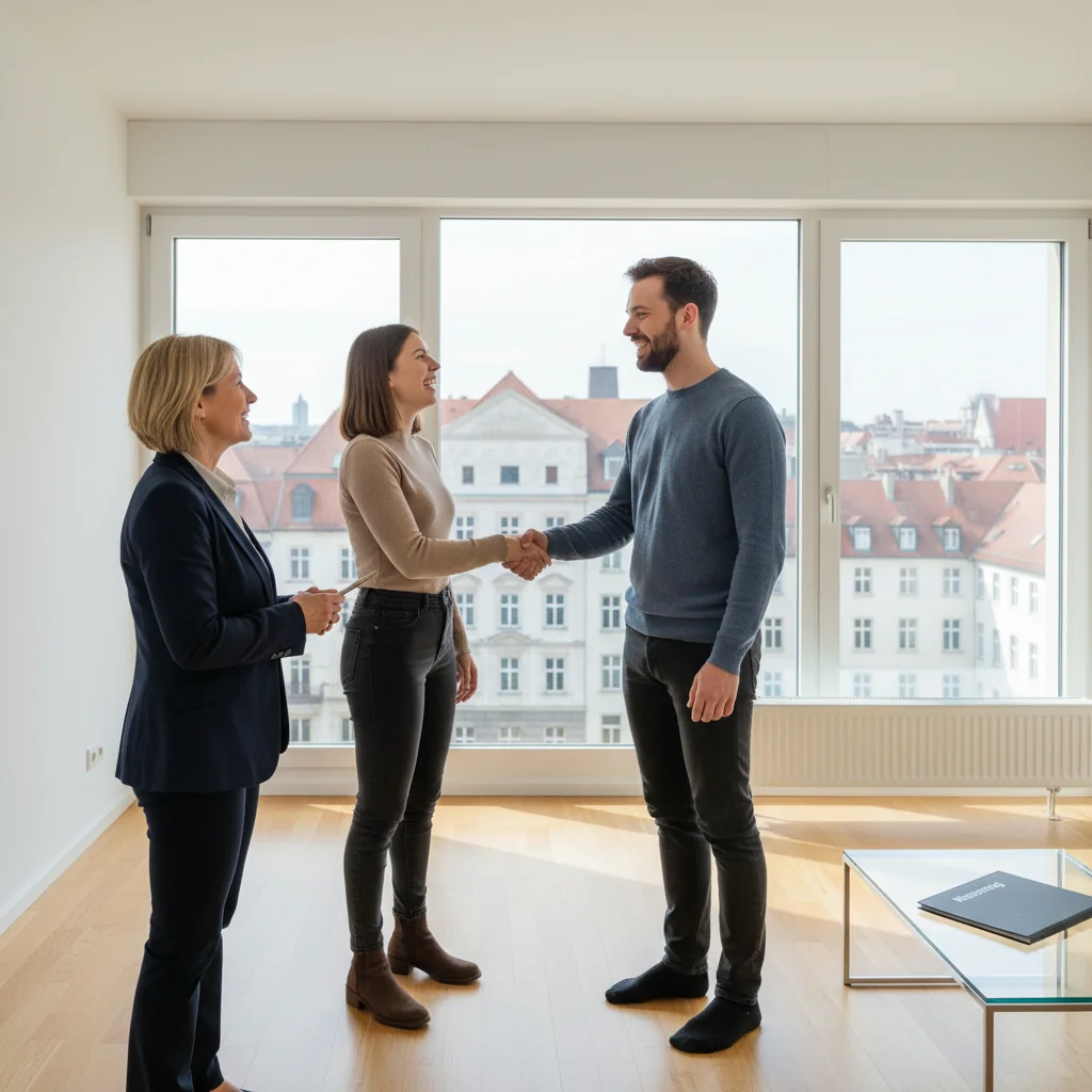 A photorealistic image of a young adult couple in a modern German apartment, excitedly shaking hands with a real estate agent after viewing the property, symbolizing the commitment of a rental intent declaration. The scene captures the joy of securing a new home, with subtle German elements like a window view of a typical urban neighborhood.