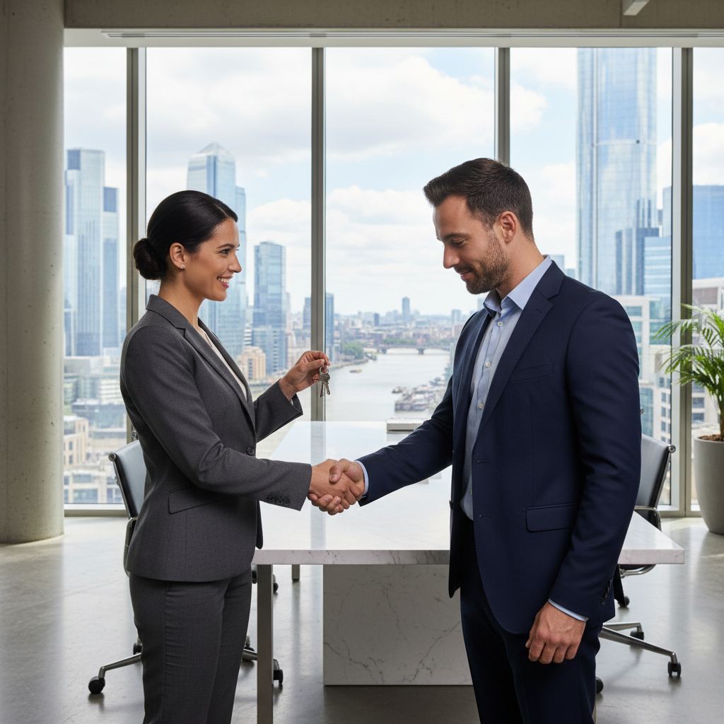 A photorealistic image depicting a professional business meeting between two adults in a modern UK office setting, where one person is handing over keys to a commercial property, symbolizing the agreement to lease a space, with no children present and no legal documents visible.