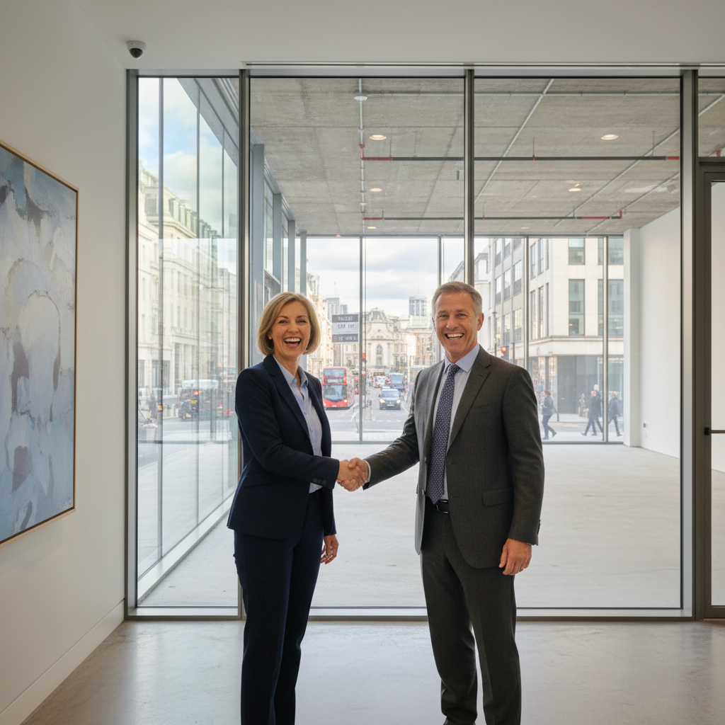 A photorealistic image of two professional adults in a modern office building, shaking hands over a discussion about leasing space, with a background showing an empty commercial property ready for lease, symbolizing the intent to lease without focusing on any documents.