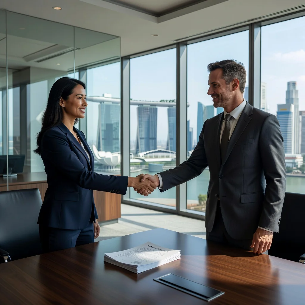A photorealistic image of a professional business meeting in a modern Singapore office, where two adults are shaking hands over a conference table with a city skyline view in the background, symbolizing the agreement to lease commercial space. No children are present.