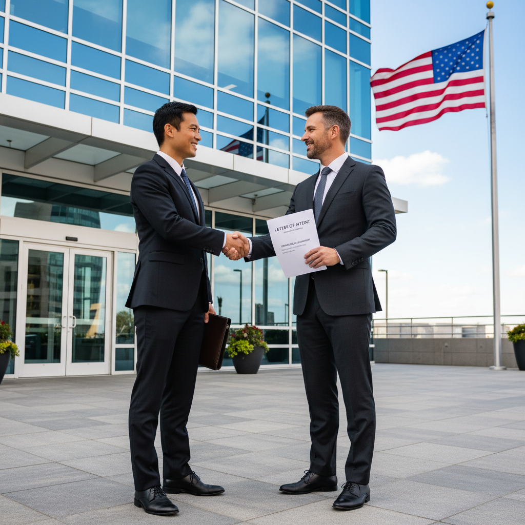 A photorealistic image of two professional adults, a real estate agent and a potential tenant, shaking hands in front of a modern office building exterior, symbolizing the agreement to lease commercial space in the United States, with no children visible, conveying trust and business partnership.