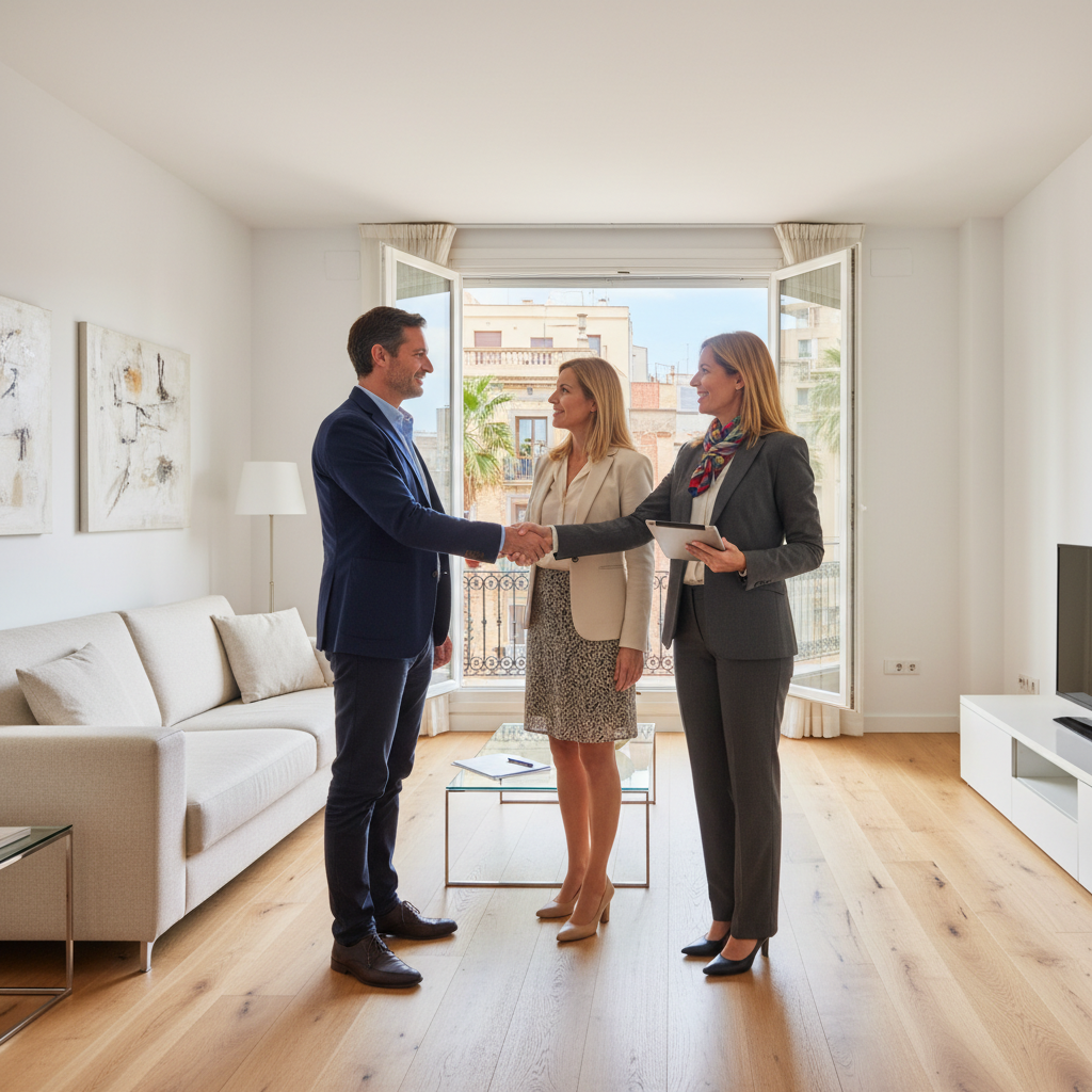 A photorealistic image of a professional adult couple shaking hands with a real estate agent in a modern Spanish apartment, symbolizing the signing of a lease intention letter for renting property in Spain, with warm sunlight streaming through large windows overlooking a typical Spanish cityscape, no children present.
