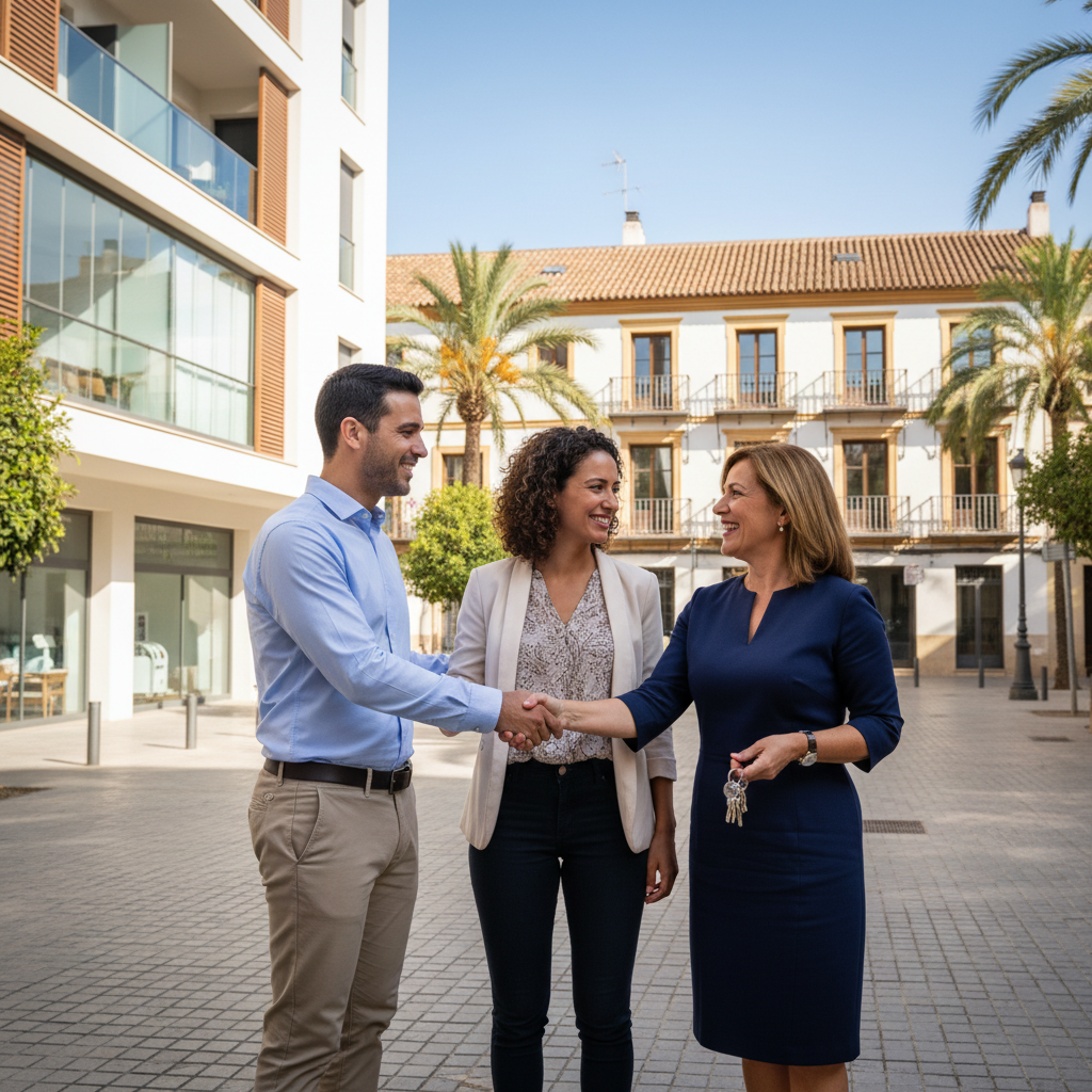 A photorealistic image of a professional couple in their mid-30s shaking hands with a real estate agent in front of a modern Spanish apartment building, symbolizing the agreement on a rental lease, with warm sunlight and urban Spanish architecture in the background, no children present.