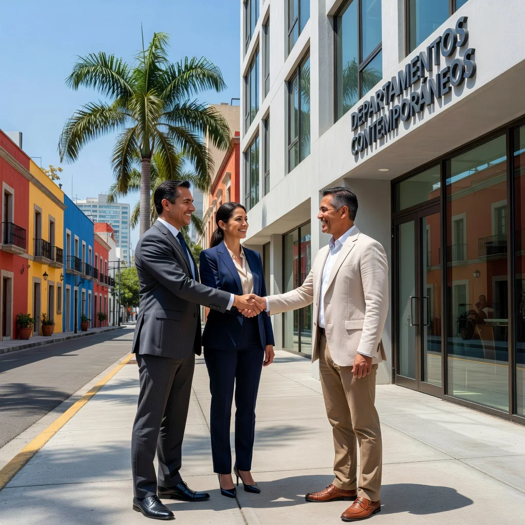 A photorealistic image of a professional adult couple shaking hands with a real estate agent in front of a modern apartment building in Mexico, symbolizing the agreement for a rental lease. The scene is set on a sunny day in an urban Mexican neighborhood, with subtle Mexican architectural elements like colorful facades in the background. No children are present in the image.