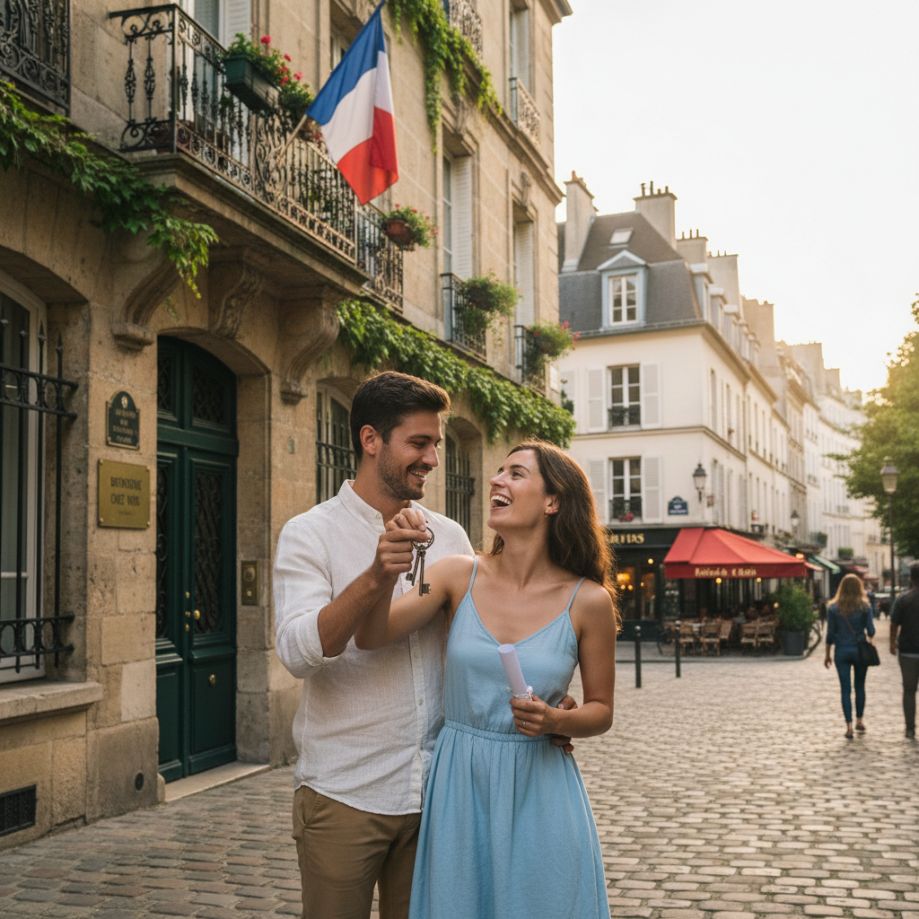 A photorealistic image of a young adult couple standing outside a charming French apartment building in a picturesque urban neighborhood, smiling excitedly as they hold keys to their new rental home, with the French flag subtly visible in the background, evoking the joy of securing a lease in France. No children are present.