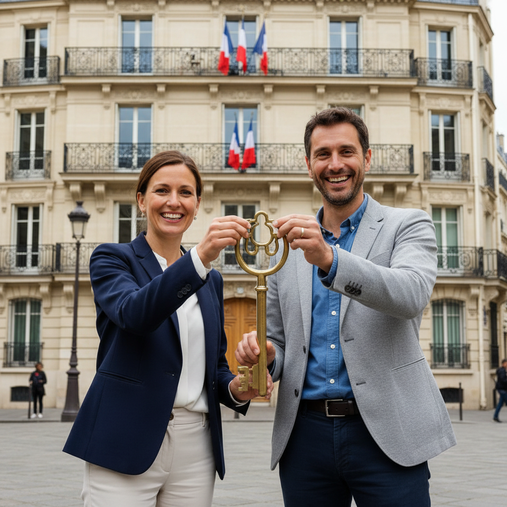 A photorealistic image of an adult professional couple standing outside a charming French apartment building in Paris, smiling confidently as they hold keys to their new rental home, symbolizing the excitement of securing a lease agreement in France. The scene captures the essence of starting a new chapter in life through renting property, with iconic French architecture in the background, no children present.