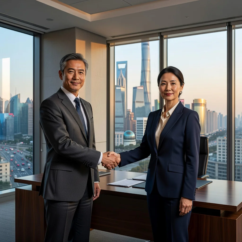 A photorealistic image representing the concept of a lease intention agreement in China, showing two professional adults shaking hands in a modern Chinese office building with city skyline in the background, symbolizing the agreement to lease property without displaying any documents.