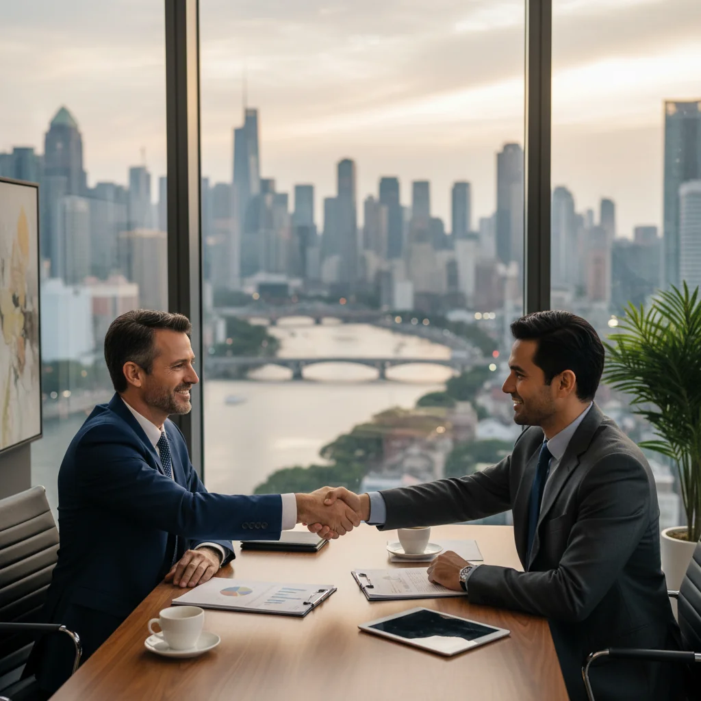 A photorealistic image of a confident business owner shaking hands with a banker in a modern office setting, symbolizing the securing of commercial guarantee for business growth and financial support.