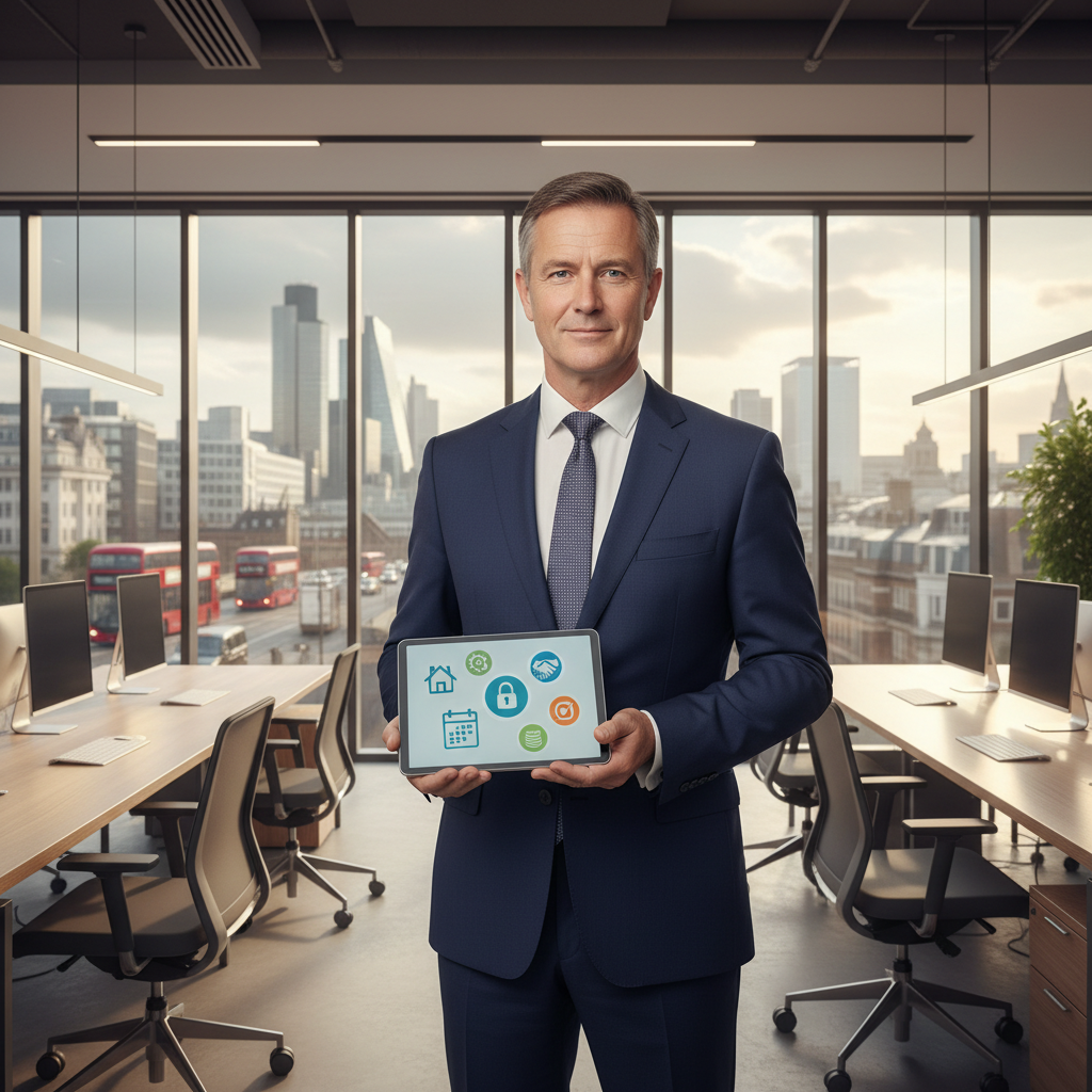 A photorealistic image of a professional adult tenant in a modern UK office space, reviewing lease agreement details on a tablet while standing near large windows with a city skyline view, symbolizing rights and obligations in office leases, no children present.