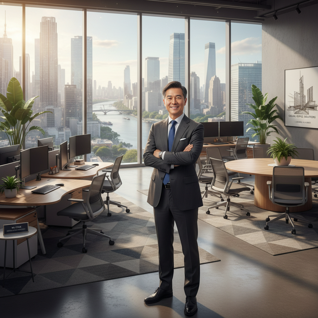 A photorealistic image of a professional businessperson standing confidently in a modern, well-lit office space with large windows overlooking a city skyline, symbolizing the importance of securing a suitable office lease through key contract clauses, evoking reliability and business success.